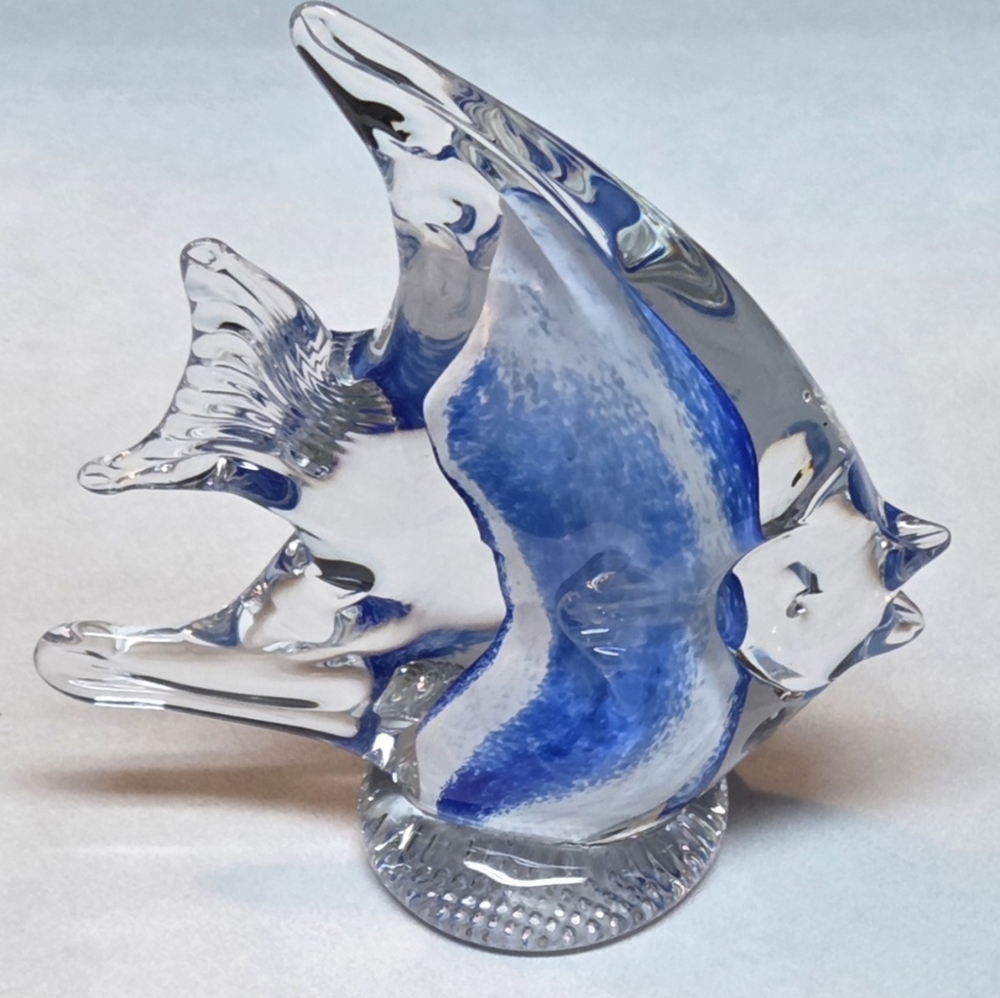 Hand-Blown Art Glass Angel Fish Figurine Clear & Blue